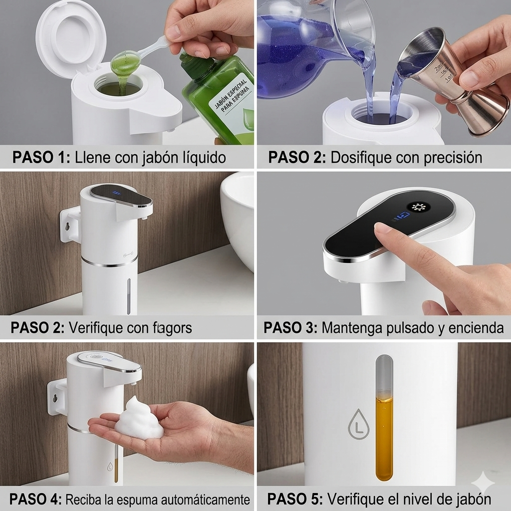 Dispensador de Jabón Automático sin Contacto – Sensor Inteligente, Recargable USB-C, Espuma Ajustable y Montaje en Pared